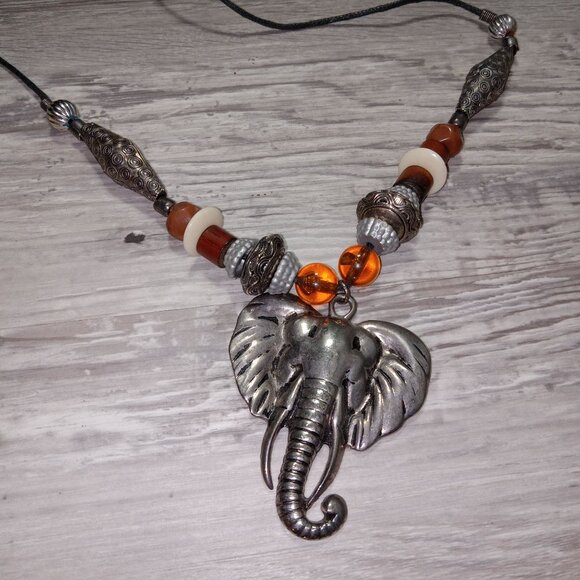 Vintage Boho Elephant Pendant Necklace With Beads & Adjustable Cord Tribal - Picture 2 of 7